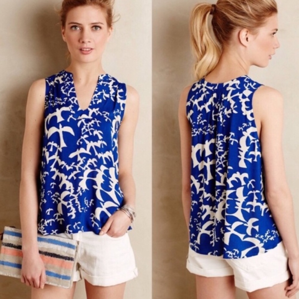 Anthropologie Maeve Blue White Bird Print Tank Top
